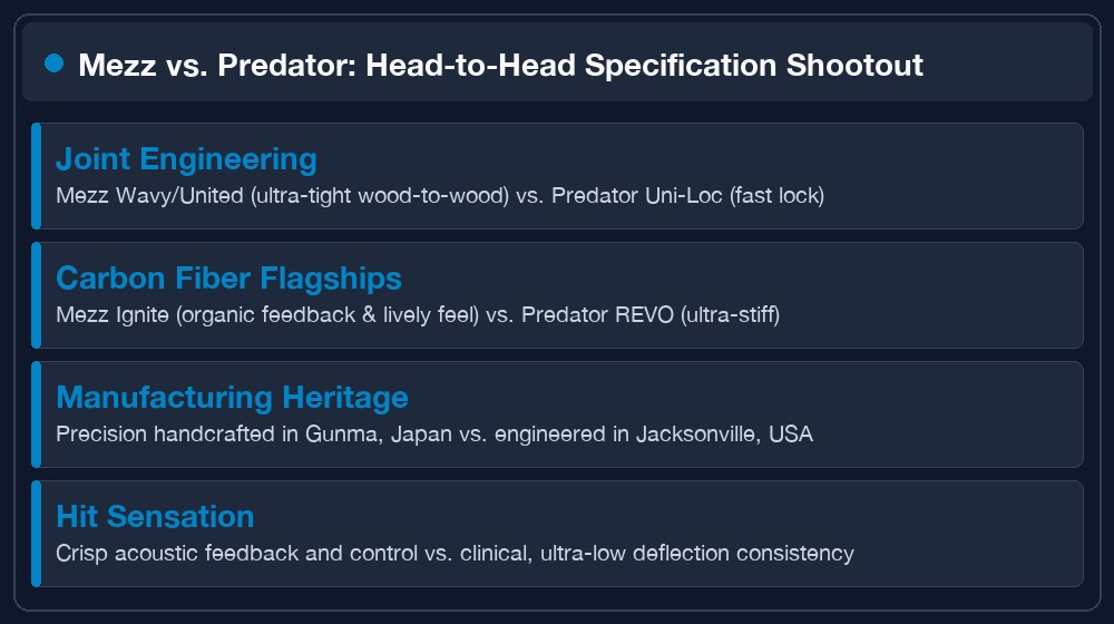 Mezz versus Predator cues technical specification comparison table