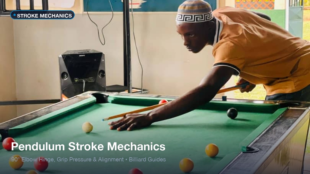 Pendulum stroke mechanics in pool elbow hinge and alignment